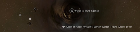 Frigate wreck and drones on the wormhole to high-sec